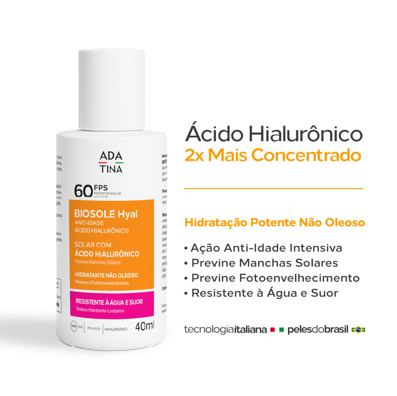 Protetor Solar 12HS Facial Fluido Anti-Idade 2x Mais Ácido Hialurônico Biosole Hyal FPS 60 - 40ml