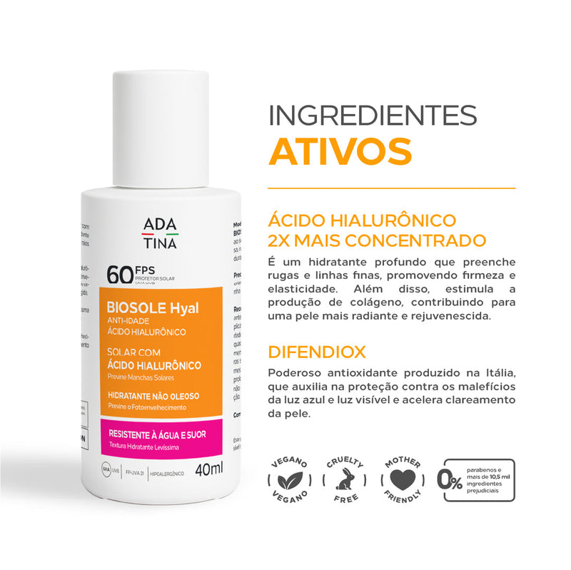 Protetor Solar 12HS Facial Fluido Anti-Idade 2x Mais Ácido Hialurônico Biosole Hyal FPS 60 - 40ml