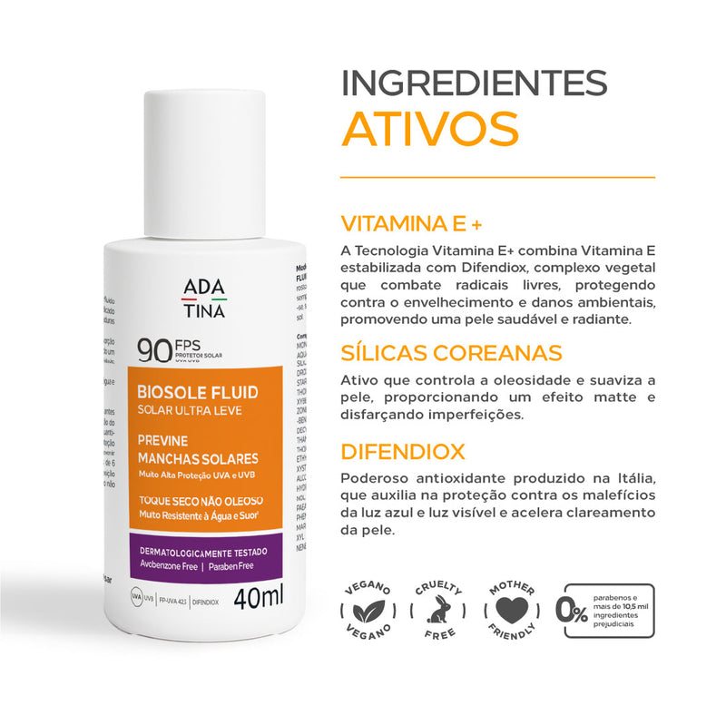 Protetor Solar Facial 12hs Anti-Manchas - Biosole Solar Fluid Ultra Leve FPS 90 - 40ml