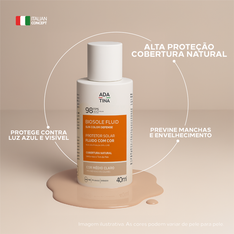 Protetor Solar Facial 12HS com Cor Cobertura Natural e Toque Seco - Biosole Fluido FPS 98 40ml